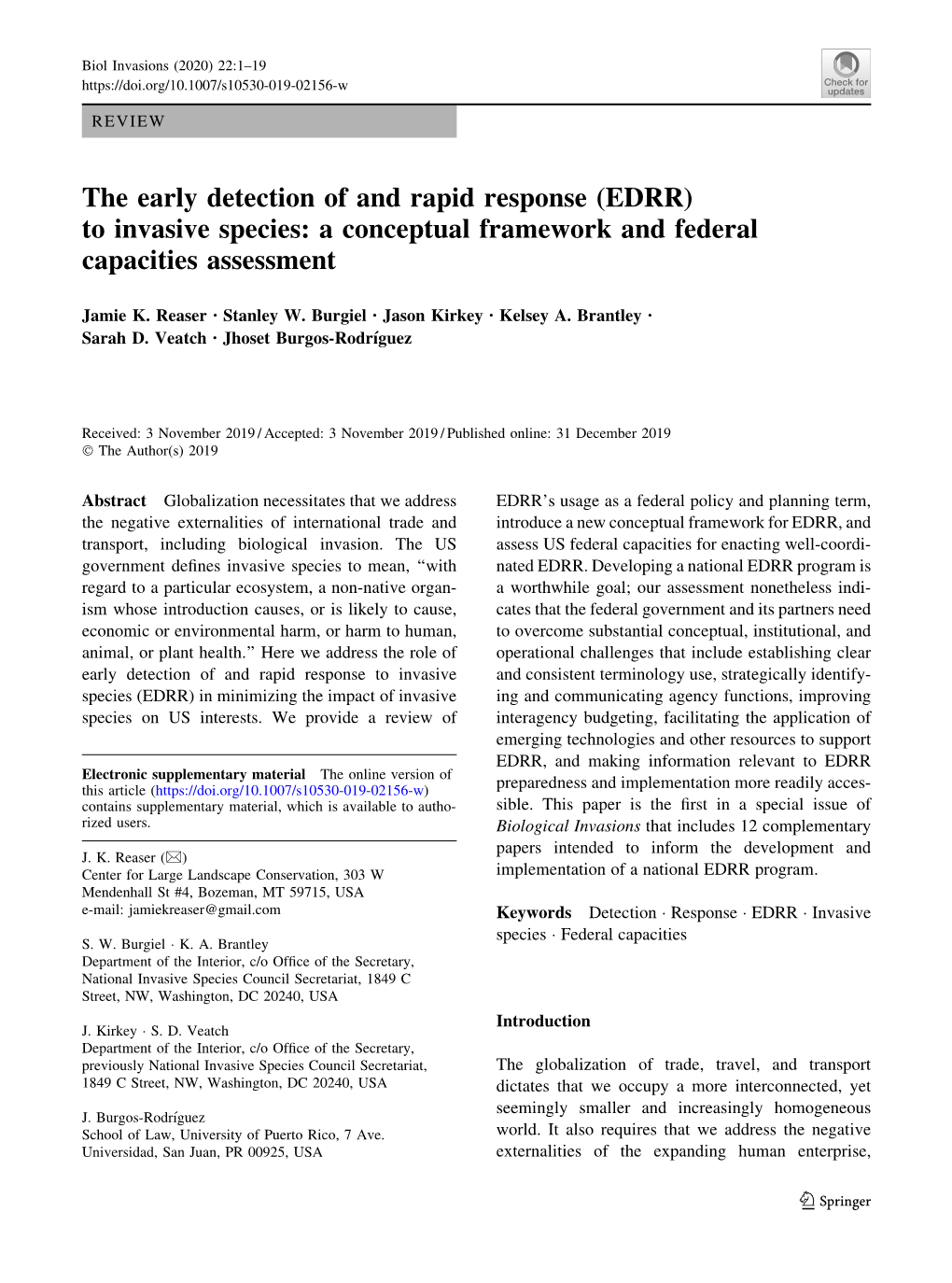 The Early Detection of and Rapid Response (EDRR) to Invasive Species: a Conceptual Framework and Federal Capacities Assessment