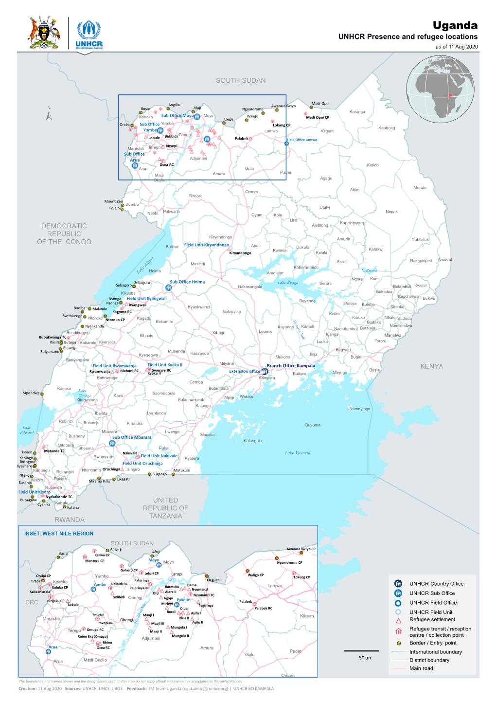 Uganda UNHCR Presence and Refugee Locations As of 11 Aug 2020