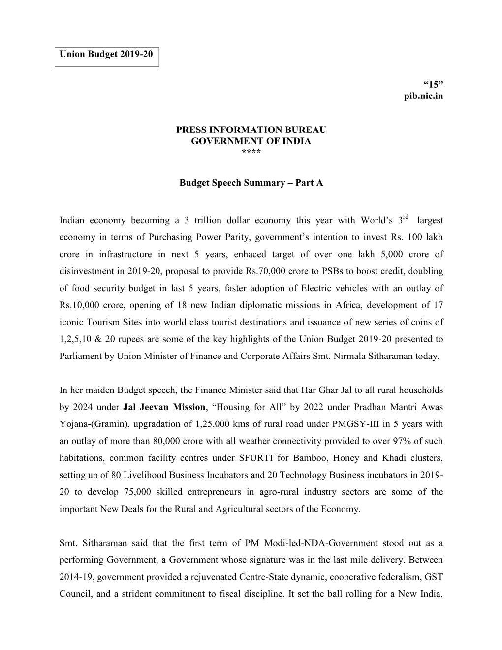 Union Budget 2019-20 “15” Pib.Nic.In PRESS INFORMATION BUREAU