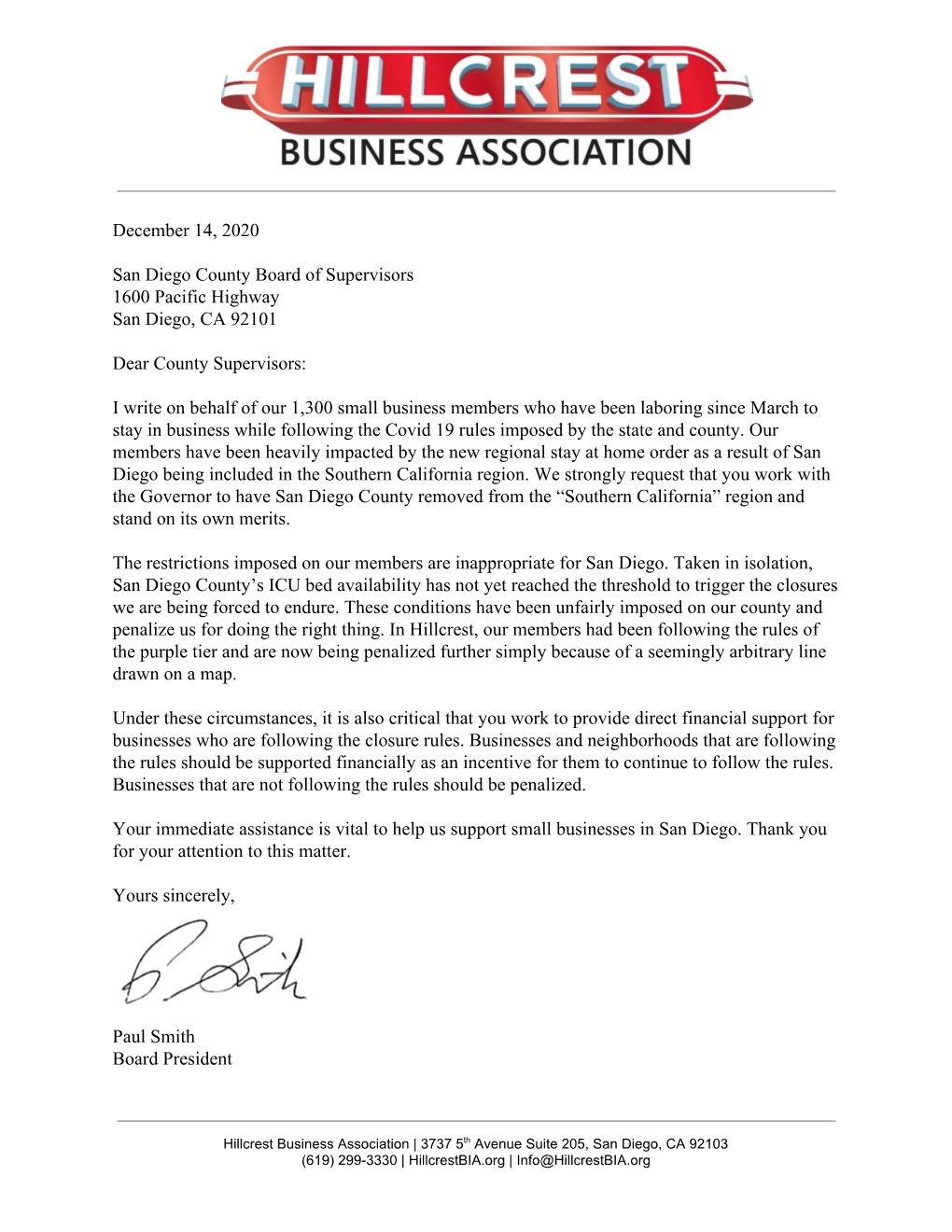 HBA's Letter 12/15/20