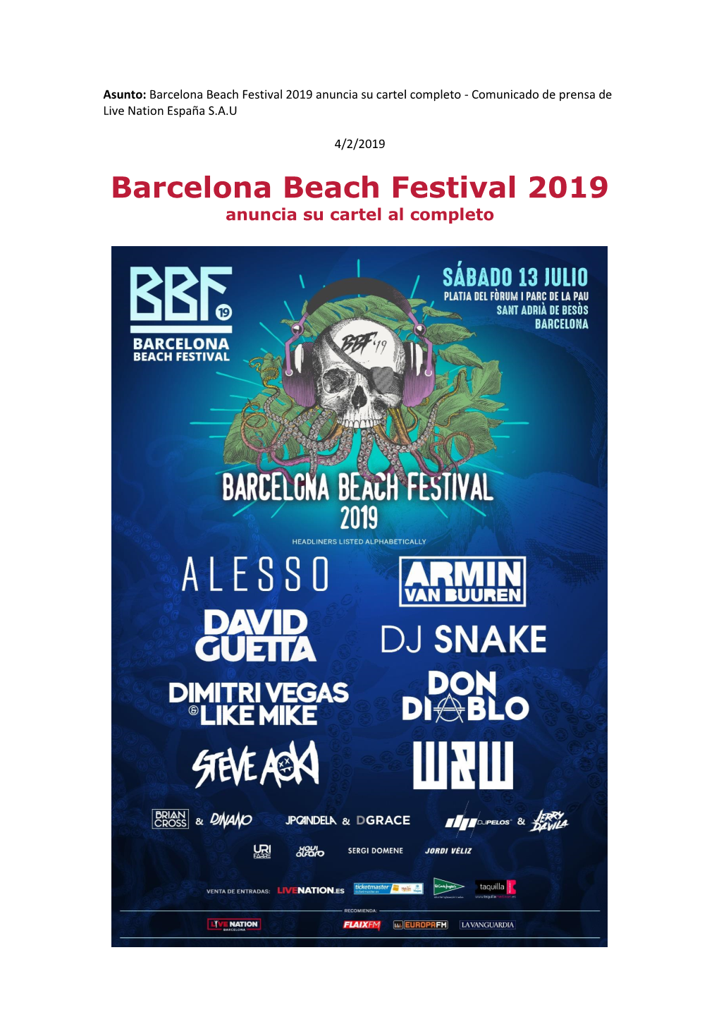Barcelona Beach Festival 2019 Anuncia Su Cartel Completo - Comunicado De Prensa De Live Nation España S.A.U