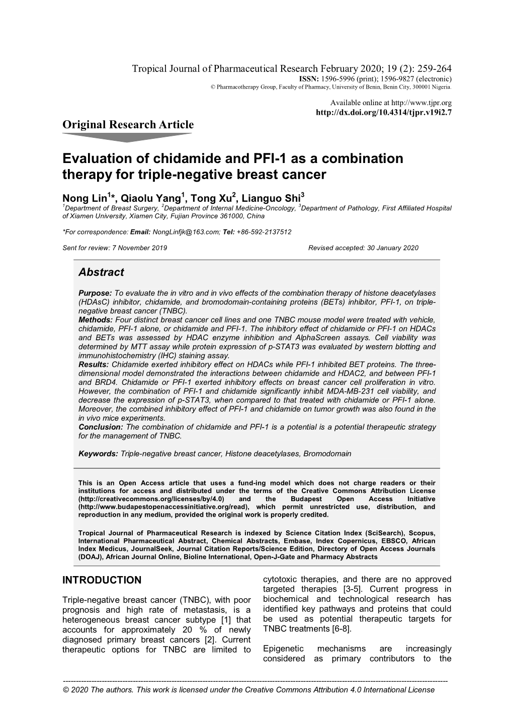 Evaluation of Chidamide and PFI-1 As a Combination Therapy for Triple-Negative Breast Cancer