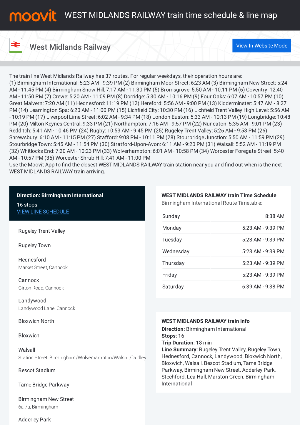 WEST MIDLANDS RAILWAY Train Time Schedule & Line Route