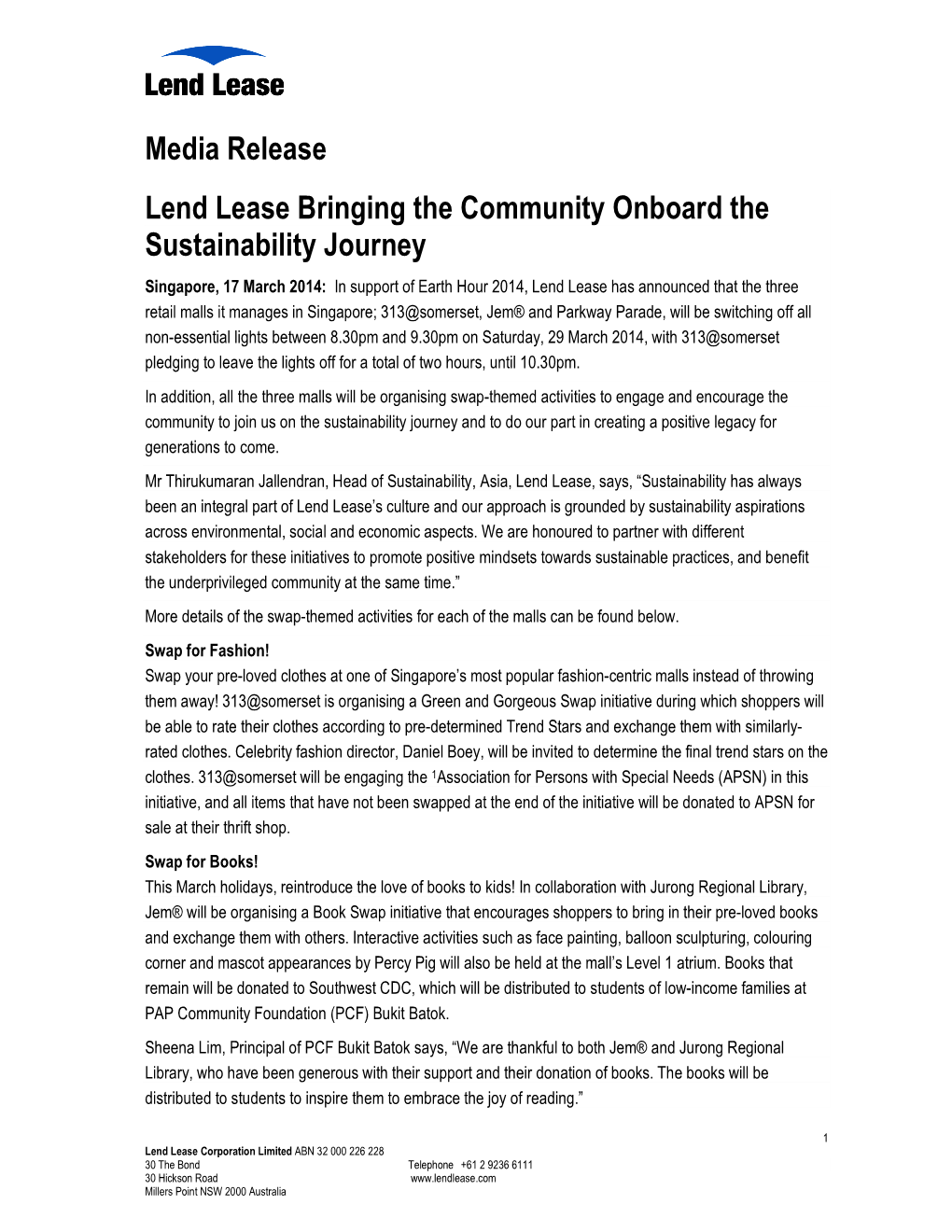 Media Release Lend Lease Bringing the Community Onboard The