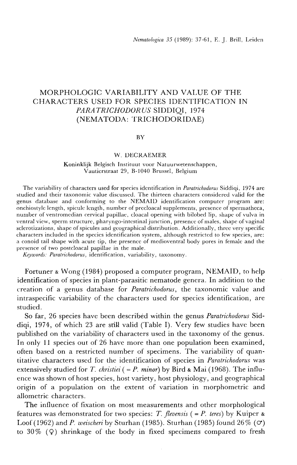 Morphologic Variability and Value of the Characters Used for Species Identification in Paratrichodorus Siddiqi, 1974 (Nematoda: Trichodoridae)