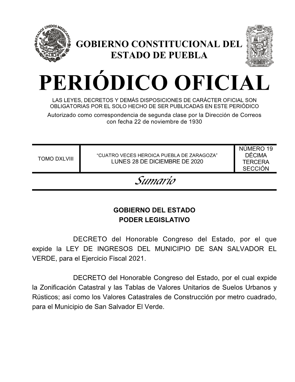 LEY DE INGRESOS DEL MUNICIPIO DE SAN SALVADOR EL VERDE, Para El Ejercicio Fiscal 2021