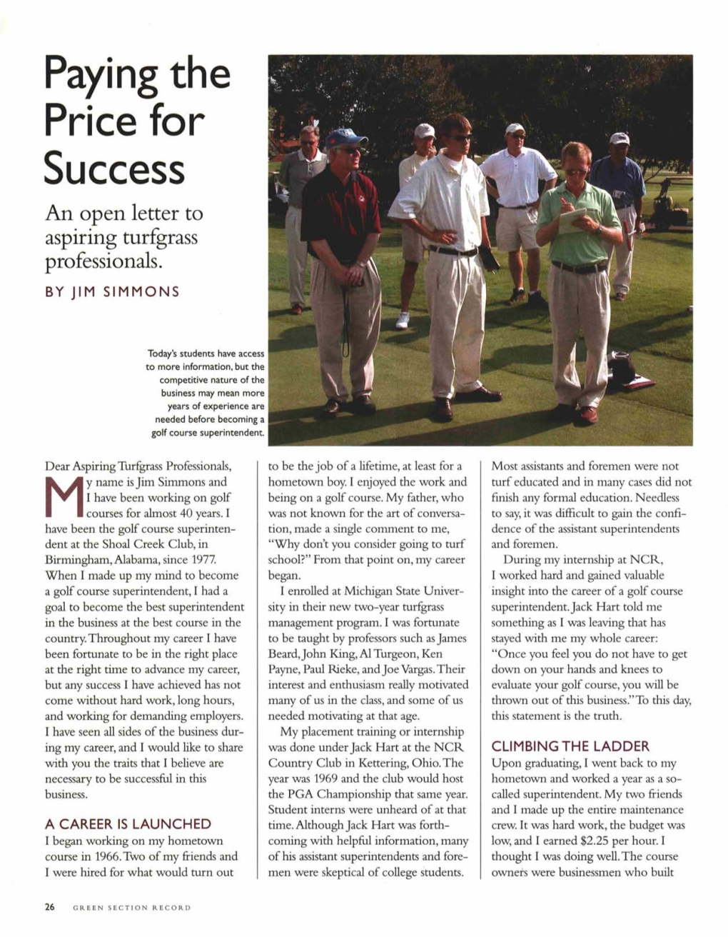 Paying the Price for Success an Open Letter to Aspiring Turfgrass Professionals