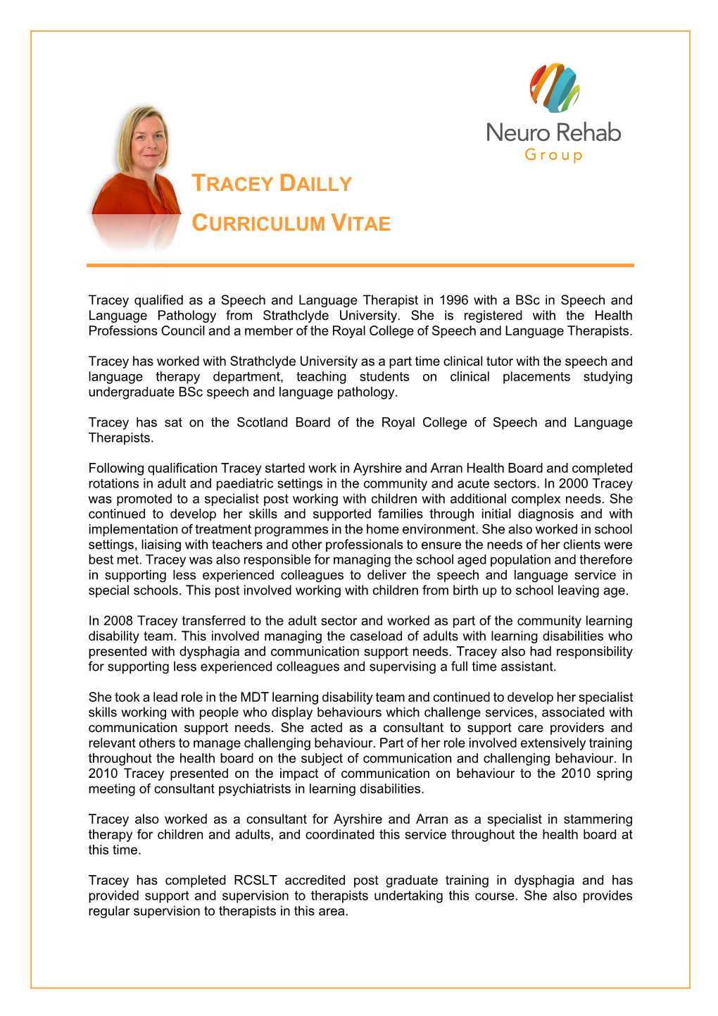 Tracey Dailly Curriculum Vitae