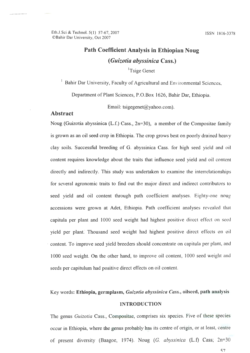 Path Coefficient Analysis in Ethiopian Noug (Guizotia Abyssinica Cass.) Abstract