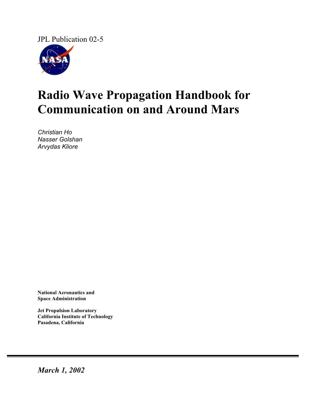 Radio Wave Propagation Handbook for Communication on and Around Mars