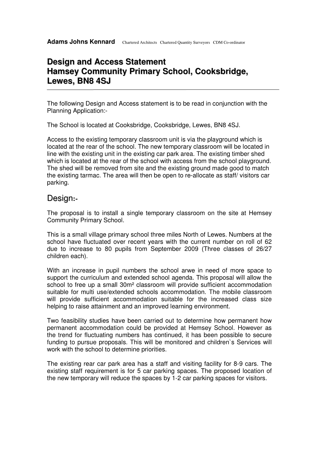 Design and Access Statement Hamsey Community Primary School, Cooksbridge, Lewes, BN8 4SJ