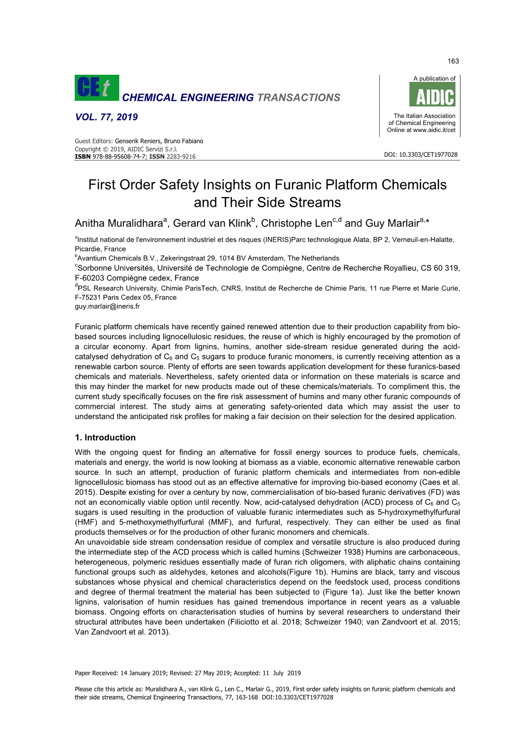 First Order Safety Insights on Furanic Platform Chemicals and Their Side Streams