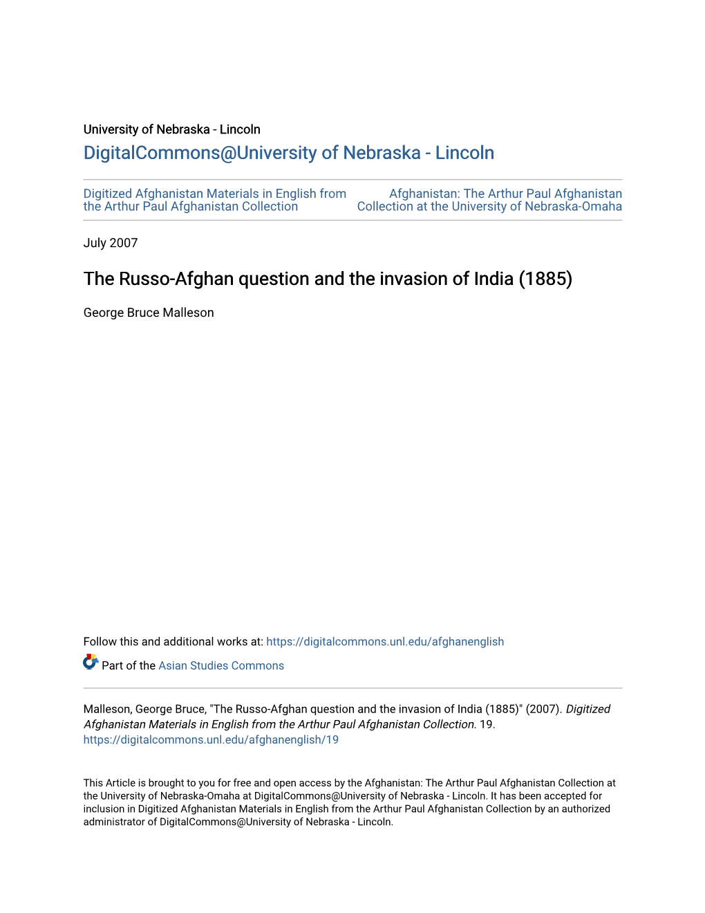 The Russo-Afghan Question and the Invasion of India (1885)