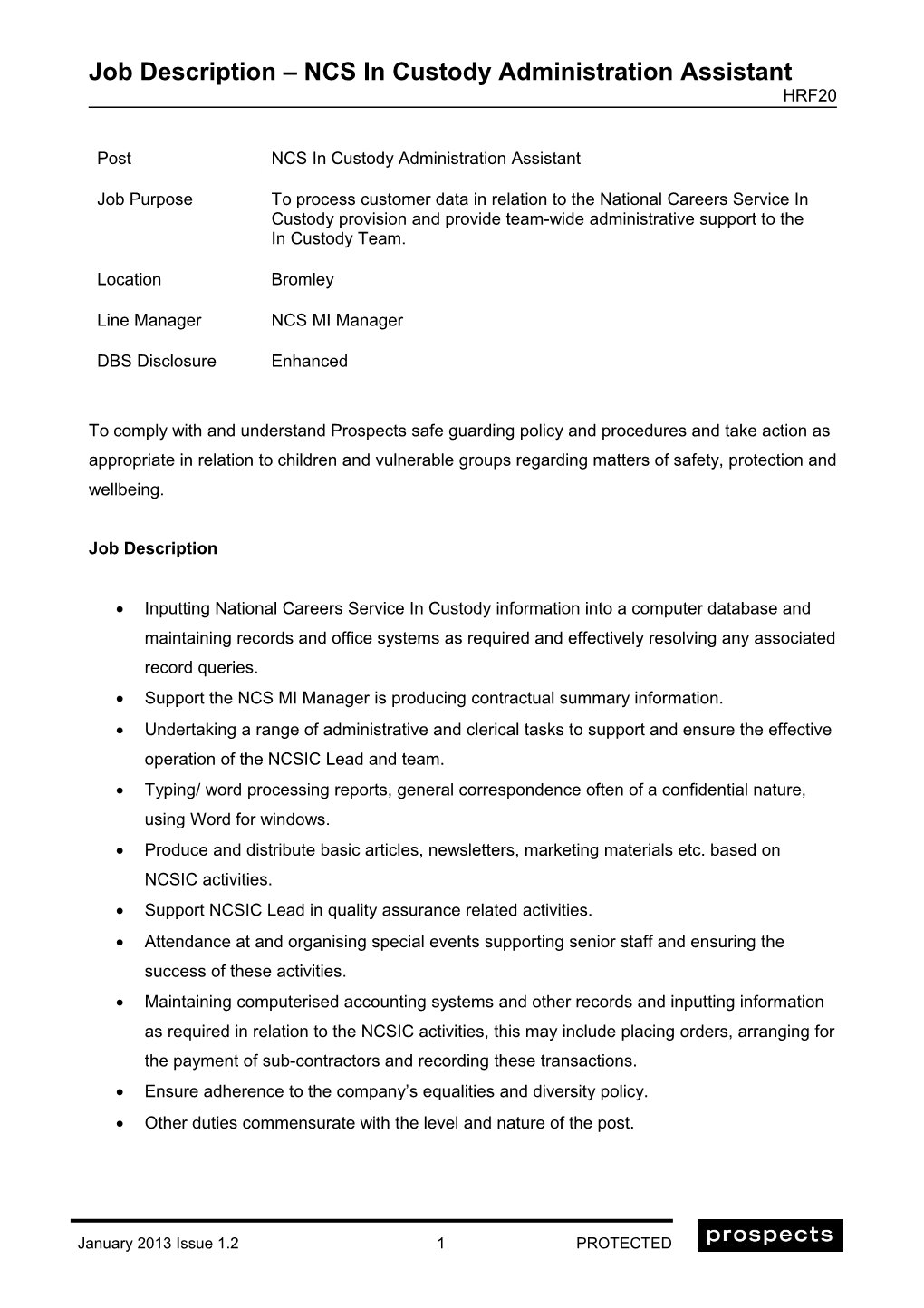 Job Description NCS in Custody Administration Assistant HRF20