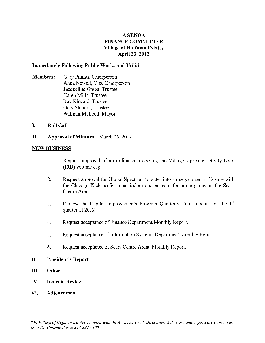 AGENDA FINANCE COMMITTEE Village of Hoffman Estates April 23, 2012