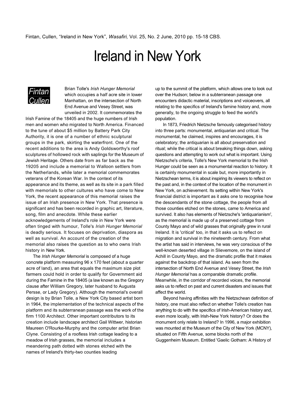 Ireland in New York”, Wasafiri, Vol