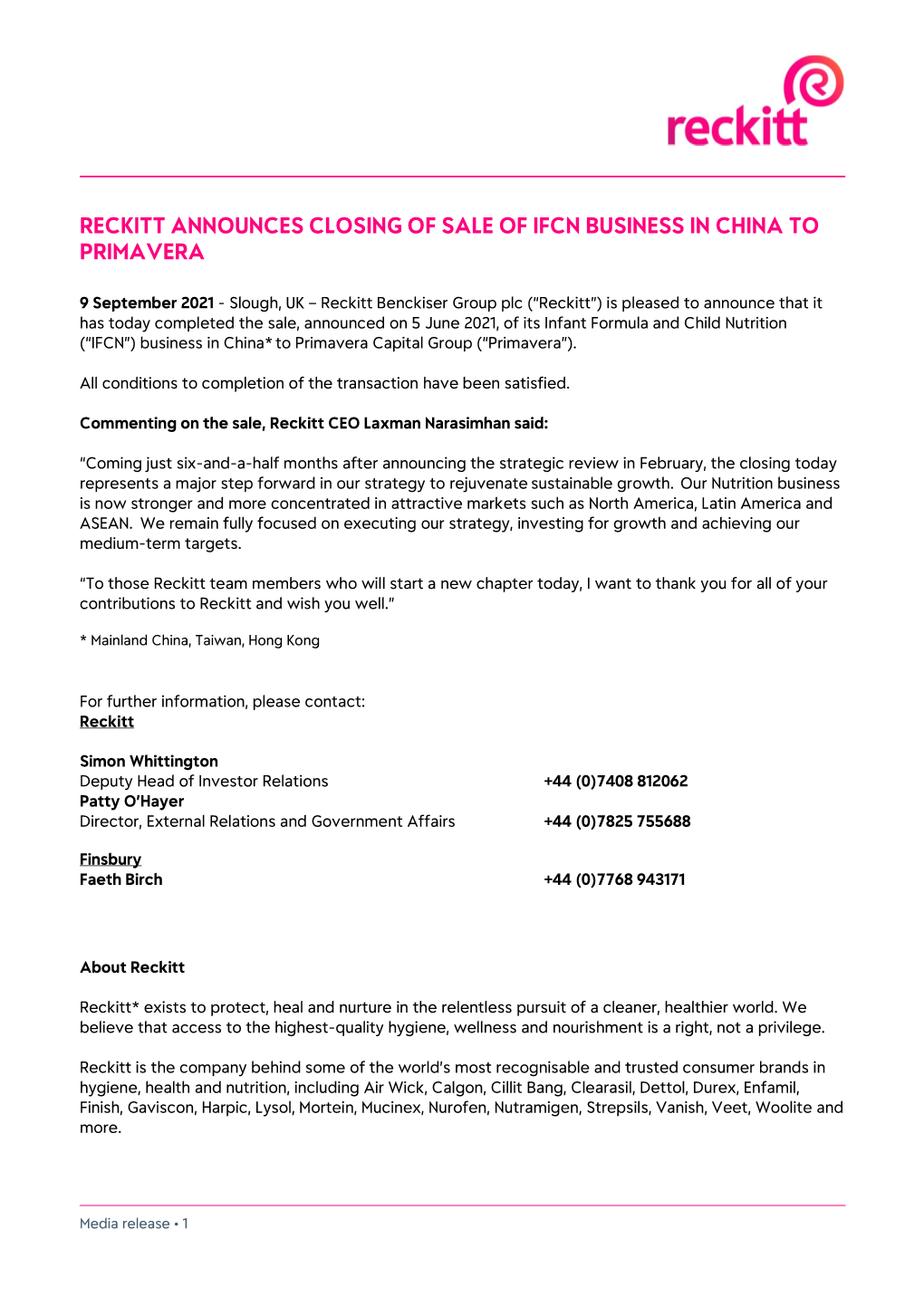 Reckitt Announces Closing of Sale of Ifcn Business in China to Primavera