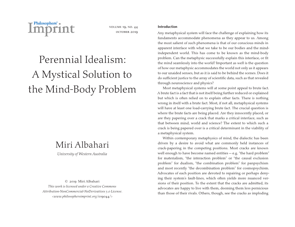 Perennial Idealism: a Mystical Solution to the Mind-Body Problem