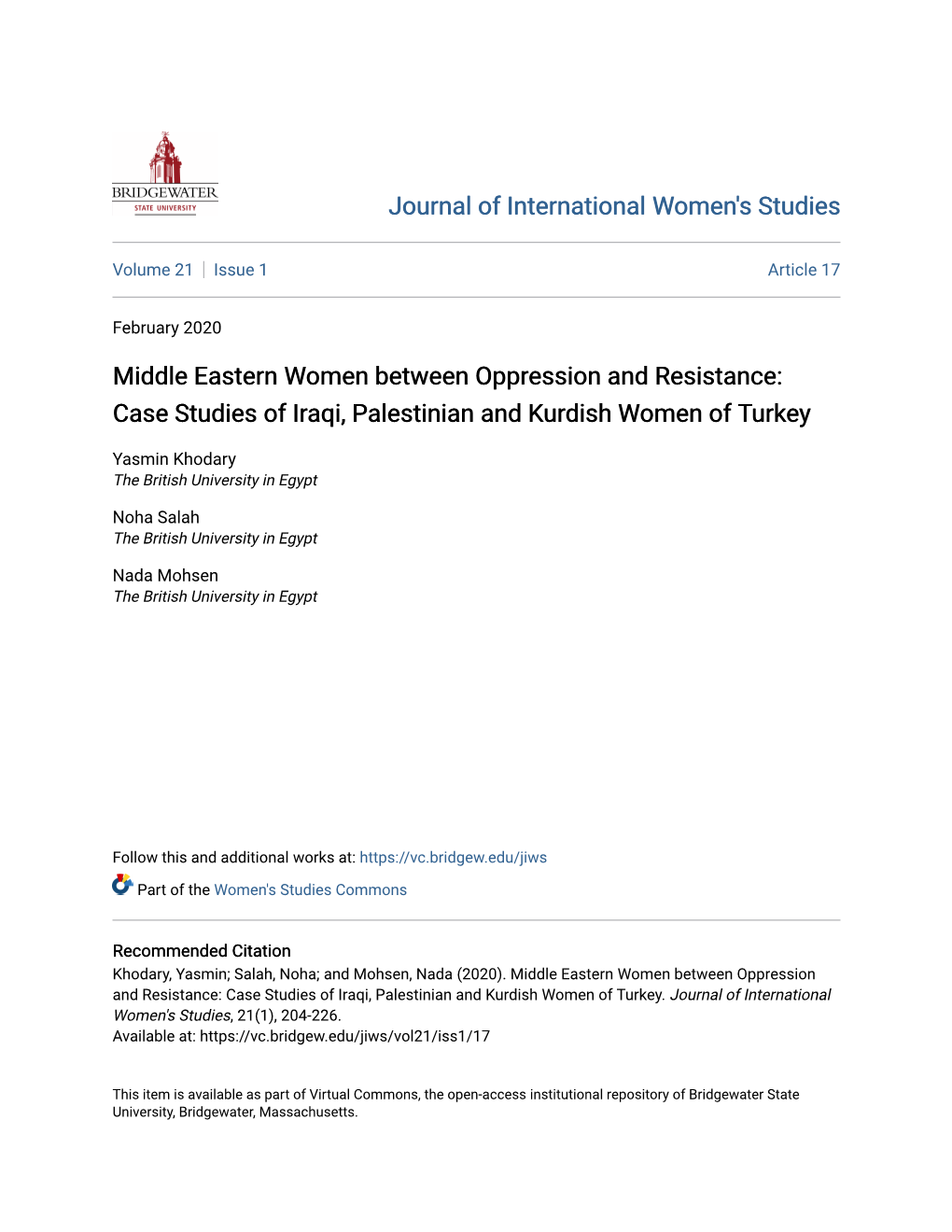 Middle Eastern Women Between Oppression and Resistance: Case Studies of Iraqi, Palestinian and Kurdish Women of Turkey