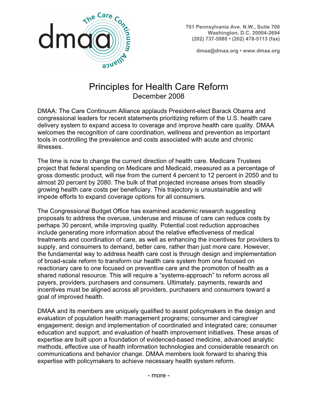 Principles for Health Care Reform December 2008