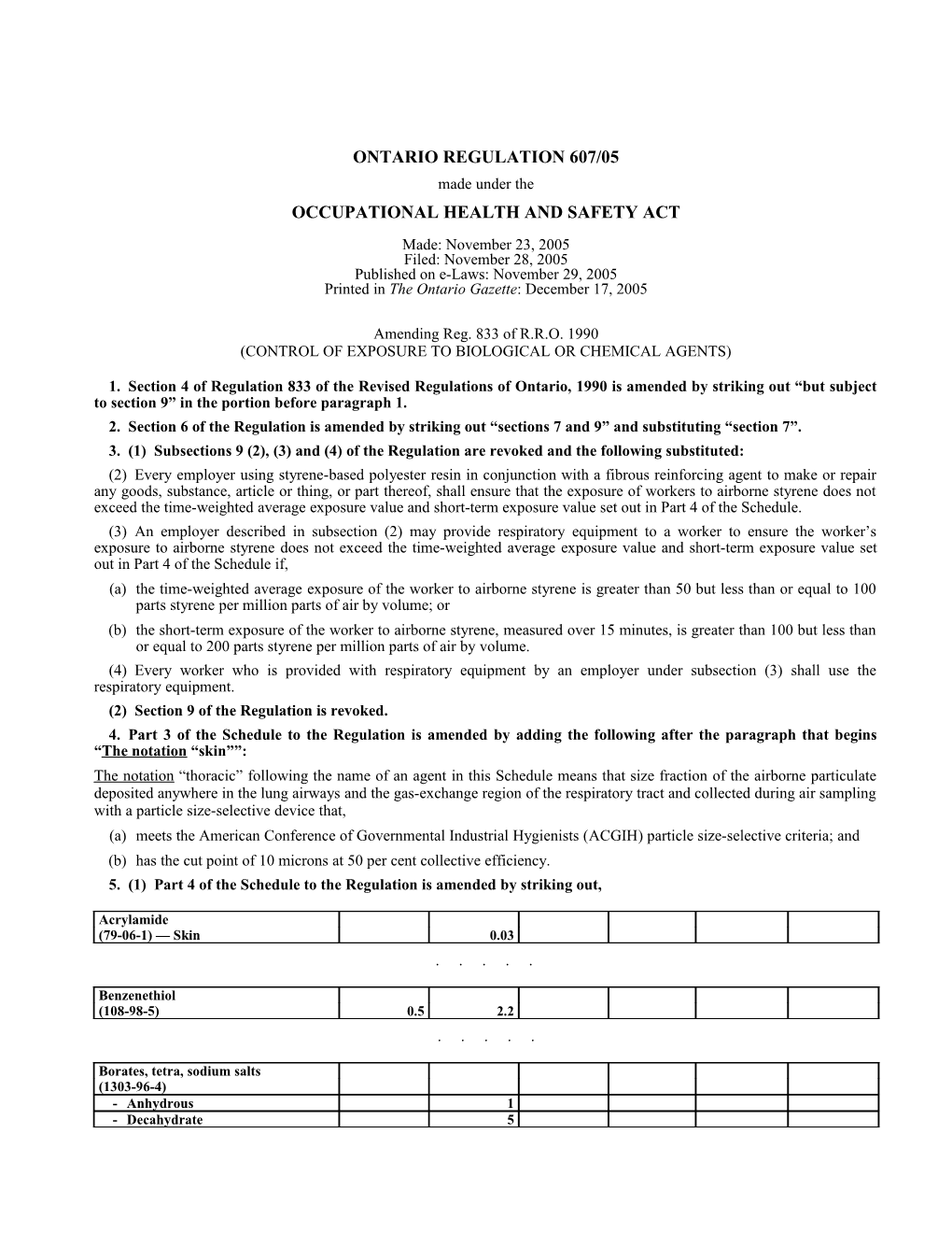 OCCUPATIONAL HEALTH and SAFETY ACT - O. Reg. 607/05