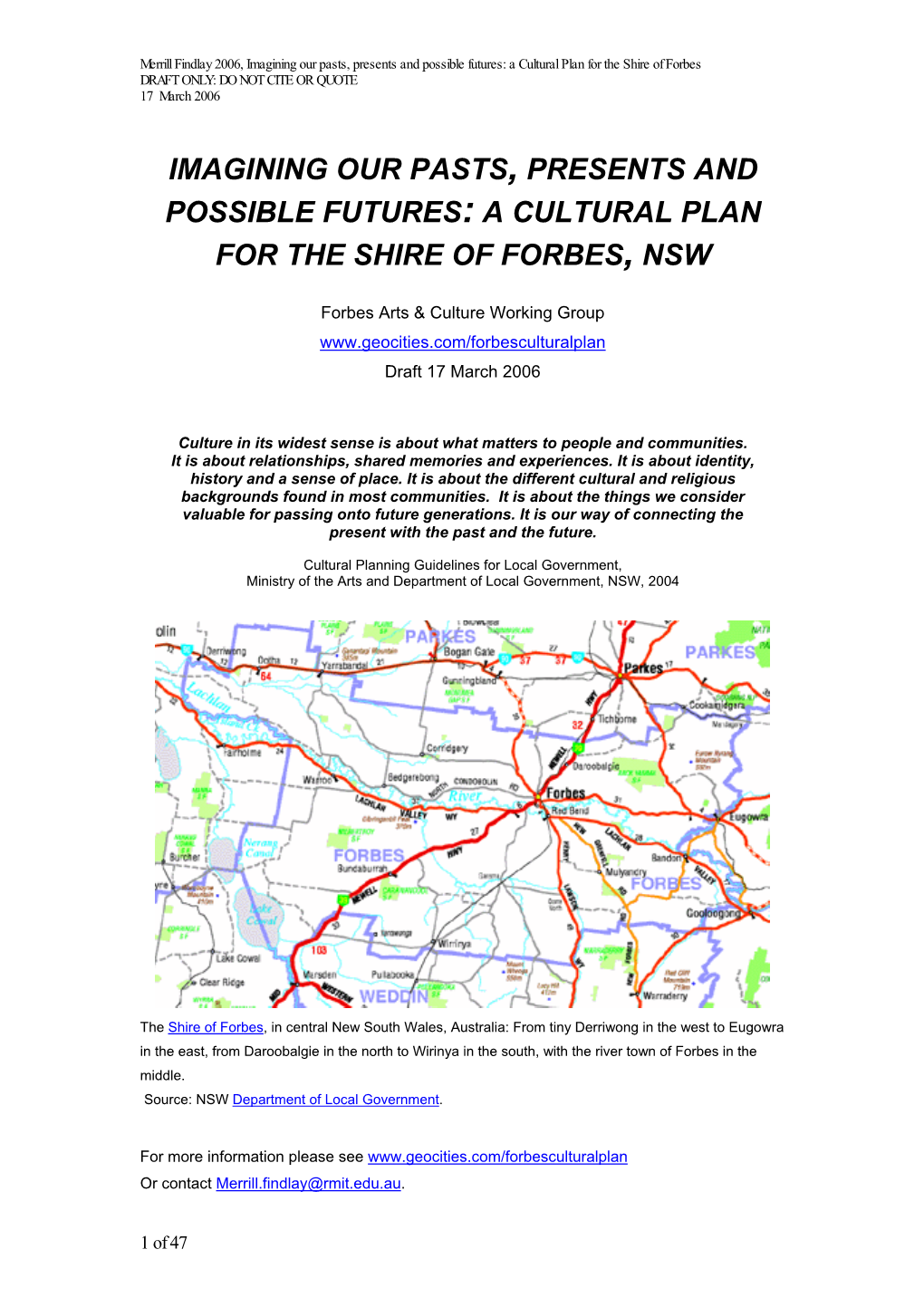 A Cultural Plan for the Shire of Forbes, Nsw -.:: GEOCITIES.Ws