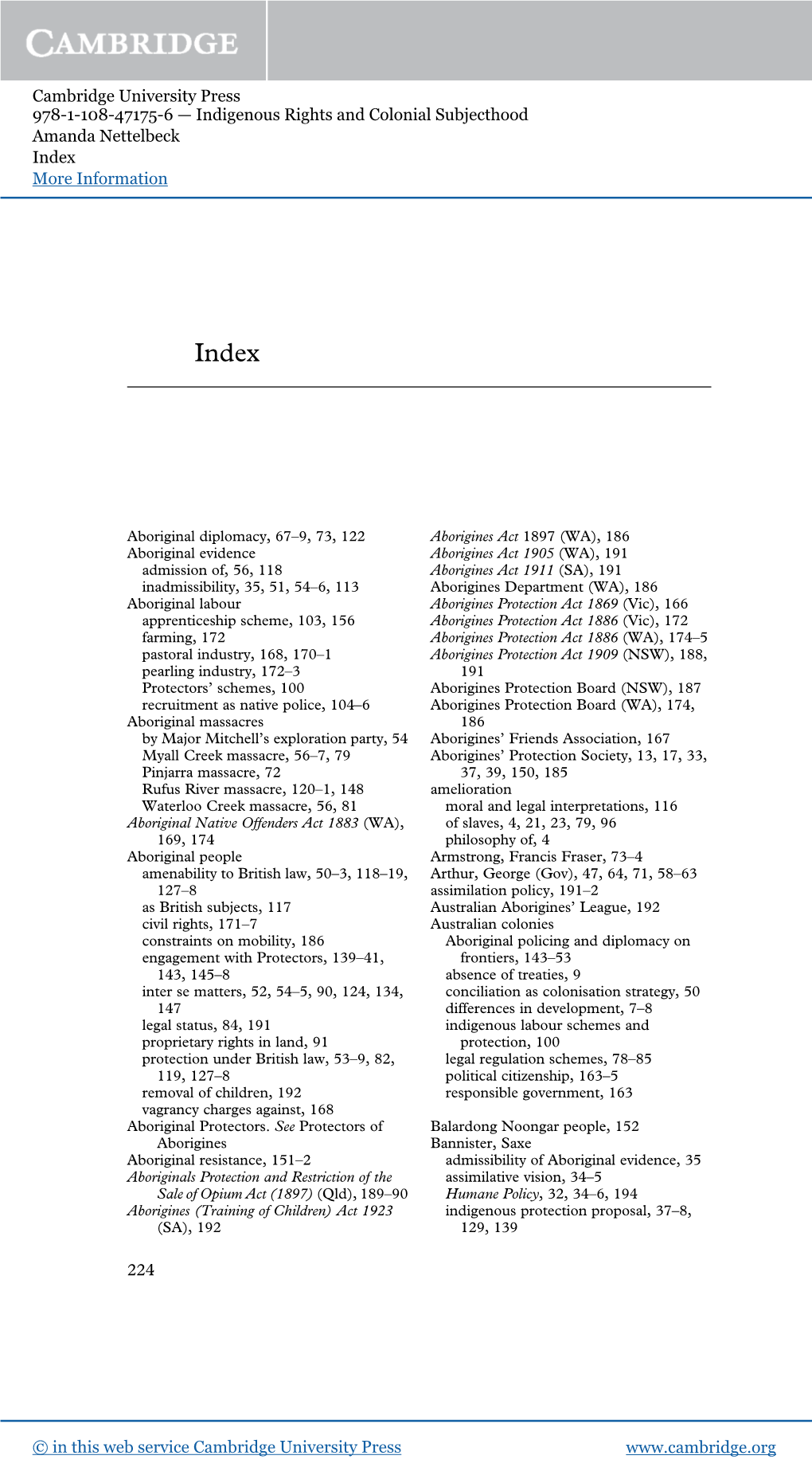 Cambridge University Press 978-1-108-47175-6 — Indigenous Rights and Colonial Subjecthood Amanda Nettelbeck Index More Information