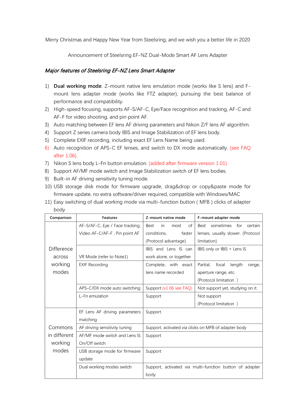 Major Features of Steelsring EF-NZ Lens Smart Adapter Difference