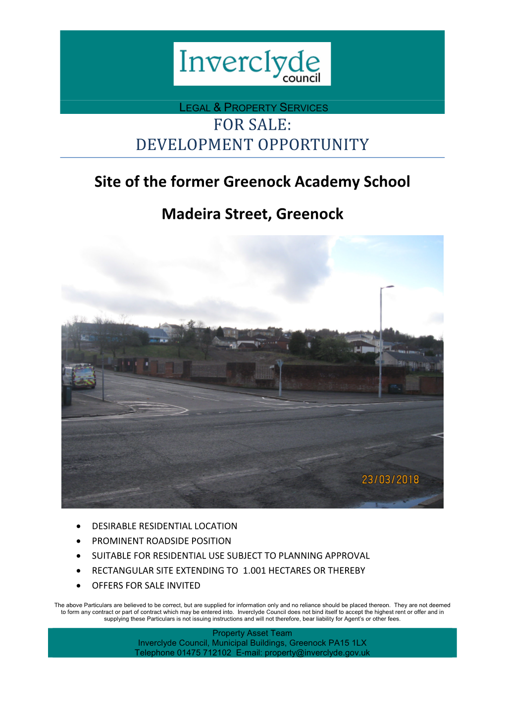 DEVELOPMENT OPPORTUNITY Site of the Former Greenock