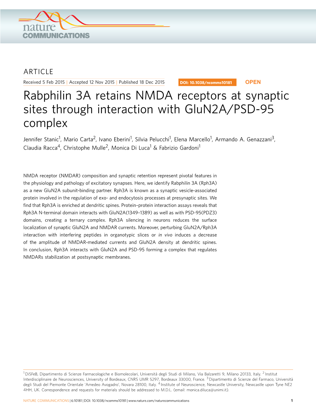 Rabphilin 3A Retains NMDA Receptors at Synaptic Sites Through Interaction with Glun2a/PSD-95 Complex