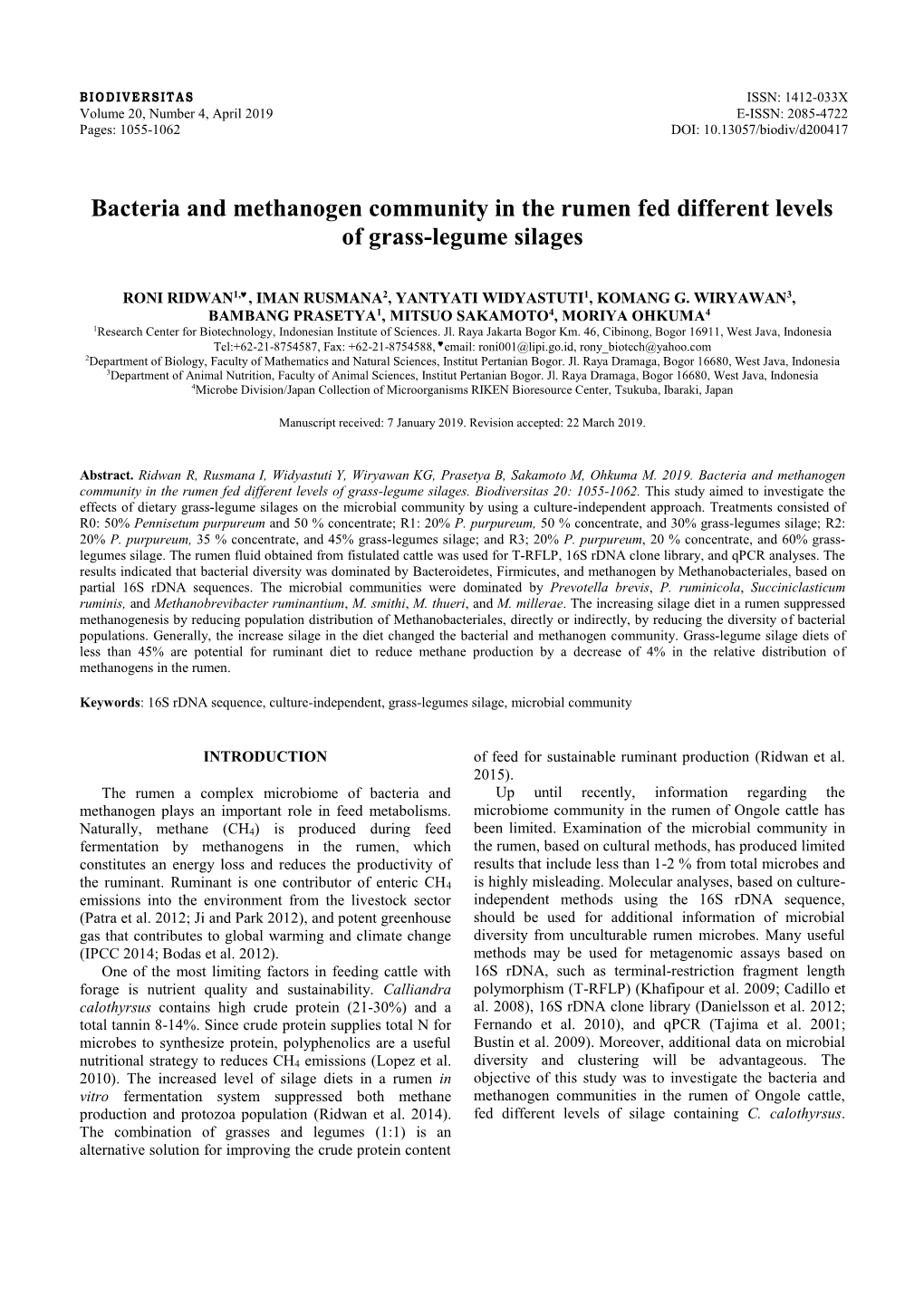 Bacteria and Methanogen Community in the Rumen Fed Different Levels of Grass-Legume Silages