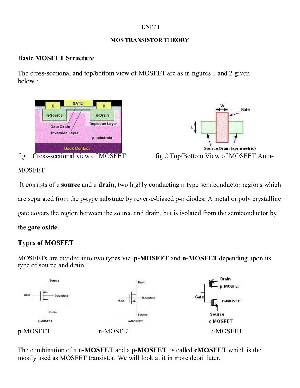 Basic MOSFET Structure the Cross-Sectional and Top/Bottom View of MOSFET Are As in Figures 1 and 2 Given Below : Fig 1 Cross-Sec