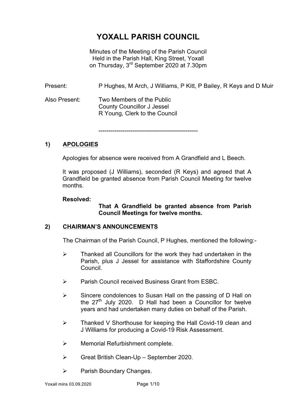 Minutes of the Meeting of the Parish Council Held in the Parish Hall, King Street, Yoxall on Thursday, 3Rd September 2020 at 7.30Pm