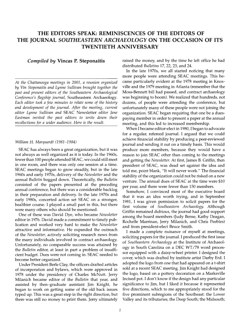 The Journal Southeastern Archaeology on the Occasion of Its Twentieth Anniversary