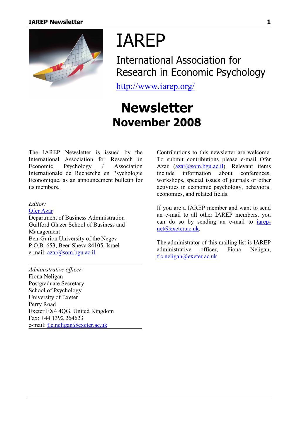 Newsletter 1 IAREP International Association for Research in Economic Psychology