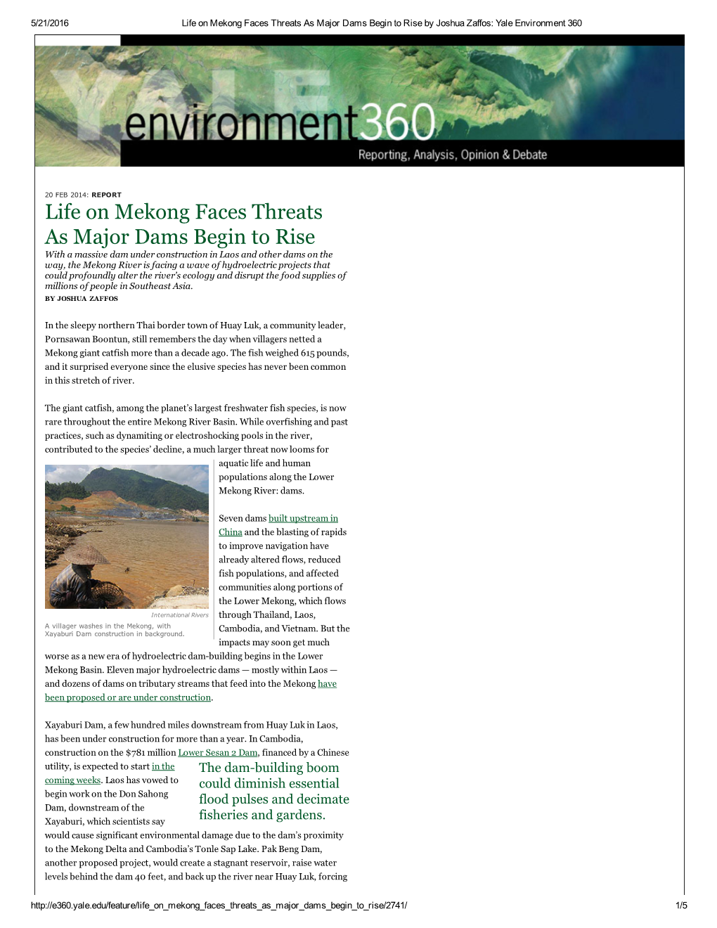 Life on Mekong Faces Threats As Major Dams Begin to Rise by Joshua Zaffos: Yale Environment 360