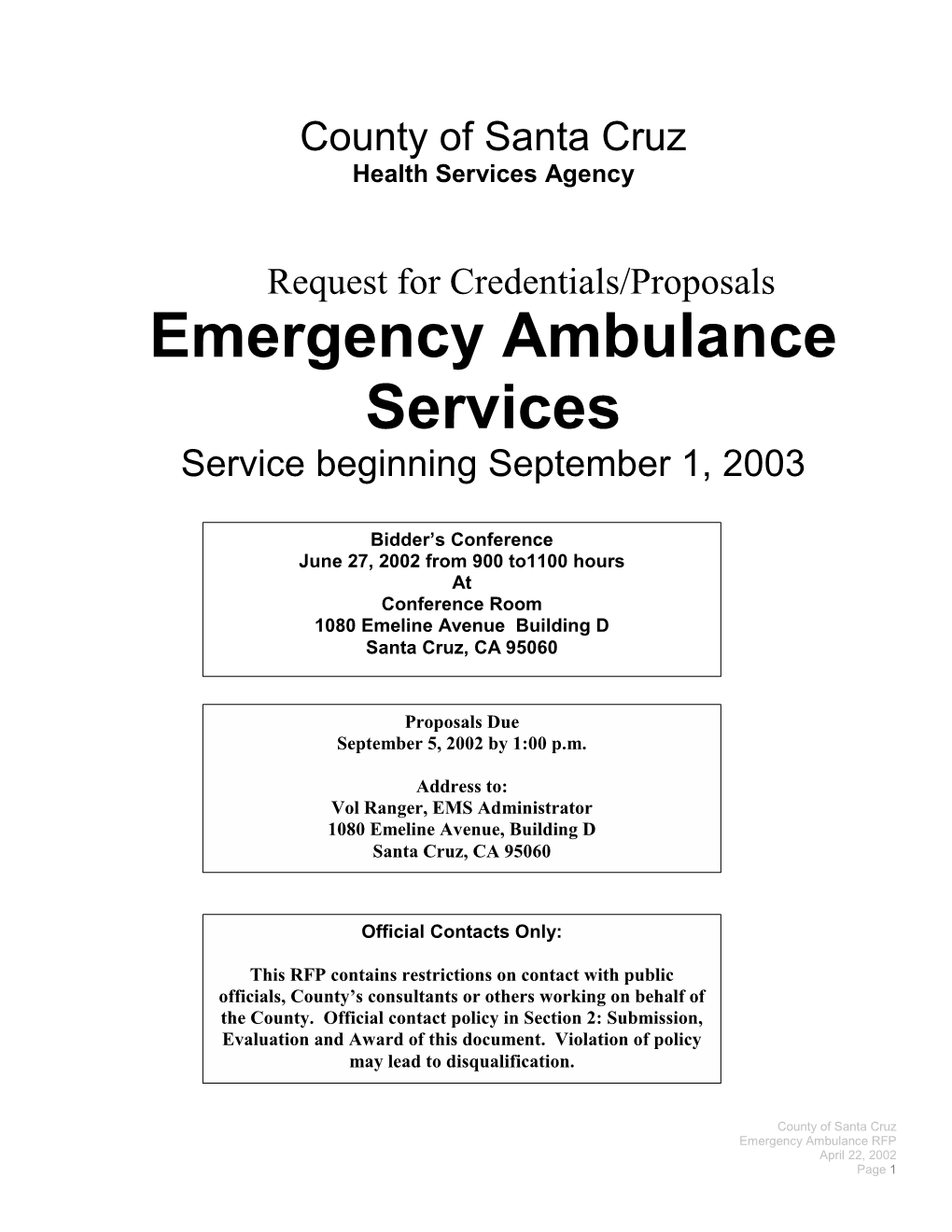 Emergency Ambulance Services Service Beginning September 1, 2003