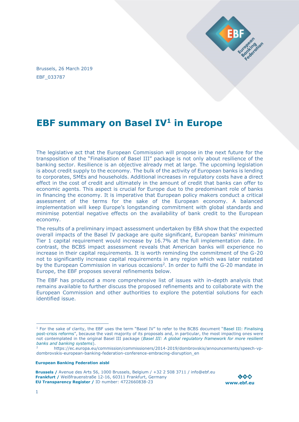 EBF Summary on Basel IV1 in Europe