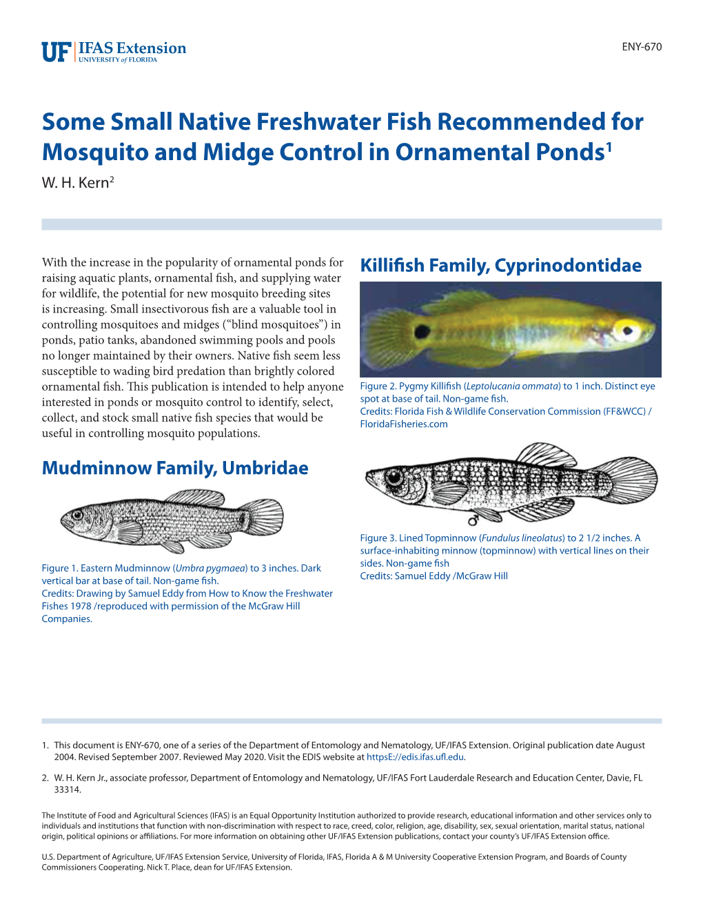 Some Small Native Freshwater Fish Recommended for Mosquito and Midge Control in Ornamental Ponds1 W