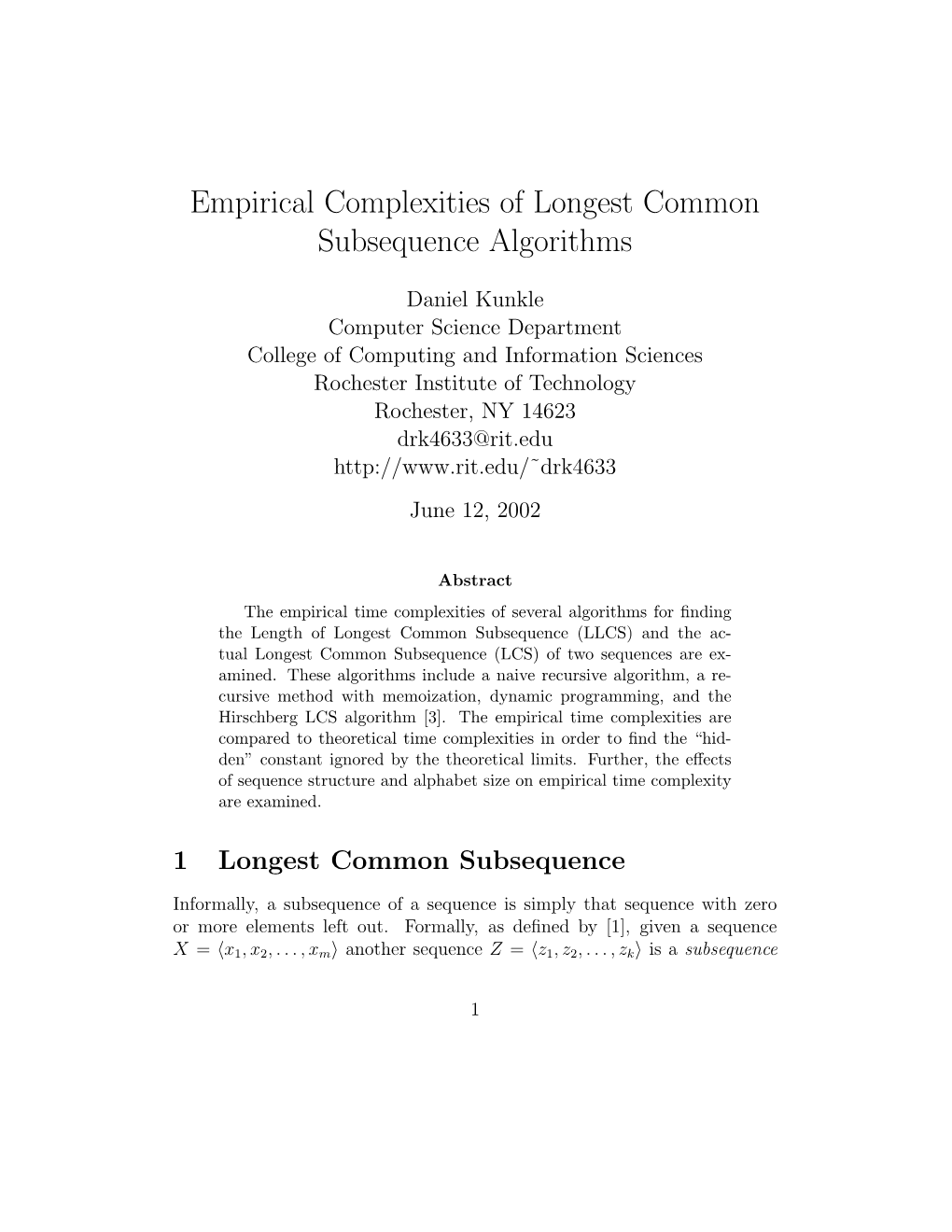Empirical Complexities of Longest Common Subsequence Algorithms