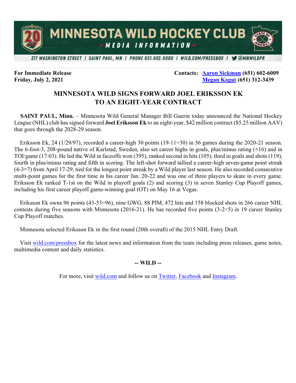 Minnesota Wild Signs Forward Joel Erisson Ek to an Eight-Year Contract