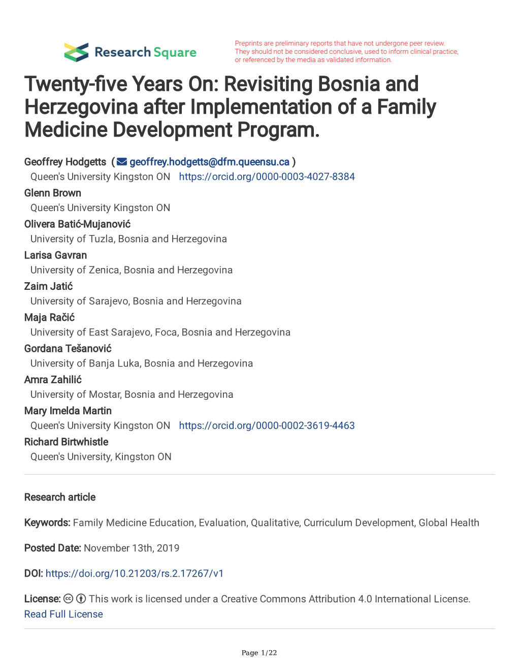 Revisiting Bosnia and Herzegovina After Implementation of a Family Medicine Development Program