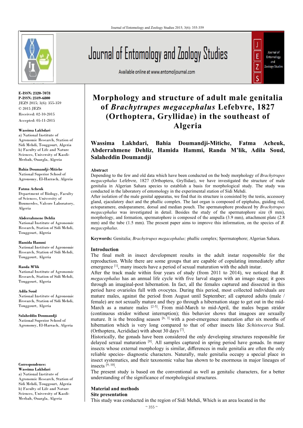 Morphology and Structure of Adult Male Genitalia of Brachytrupes Megacephalus Lefebvre, 1827 (Orthoptera, Gryllidae) in the Sout