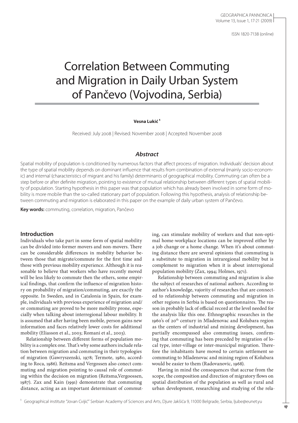 Correlation Between Commuting and Migration in Daily Urban System of Pančevo (Vojvodina, Serbia)