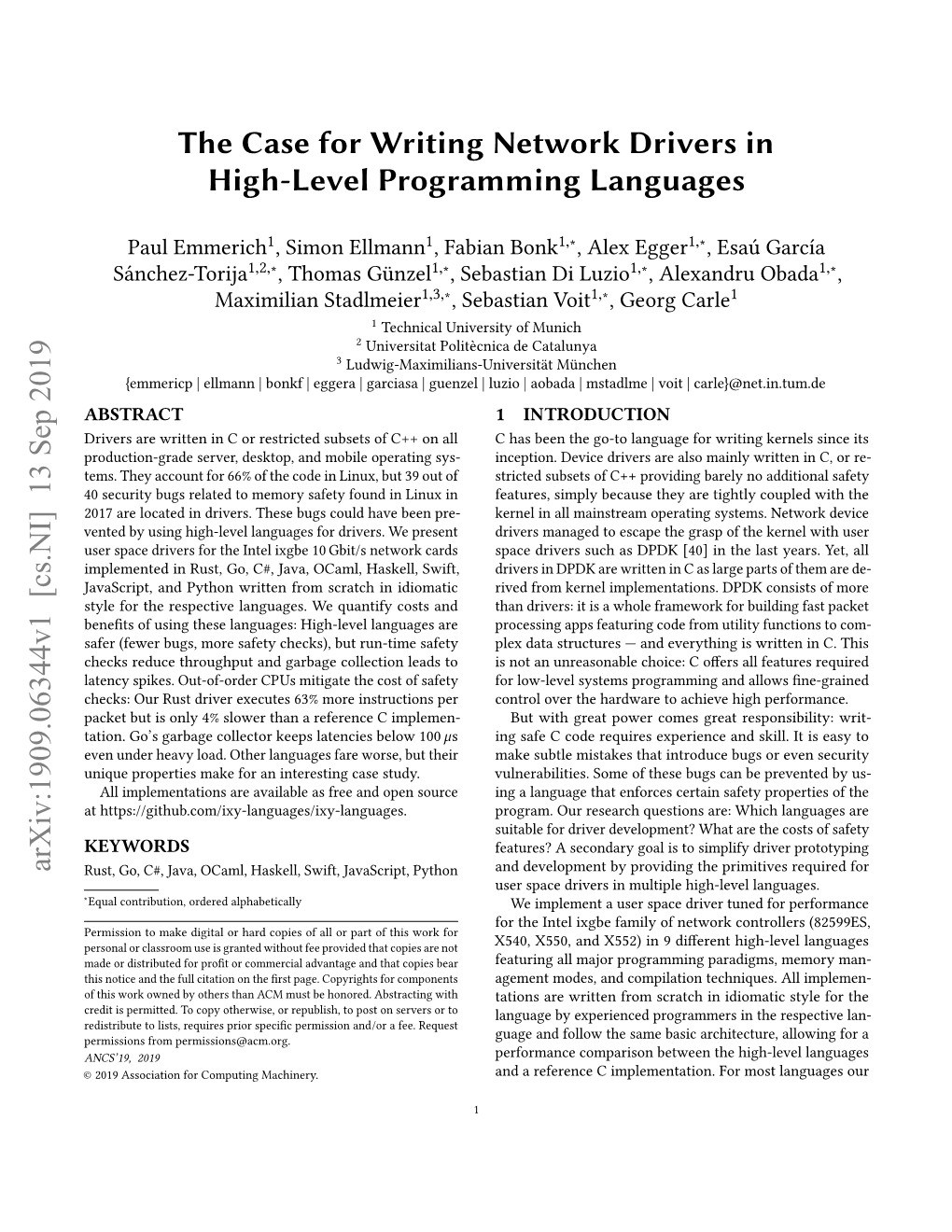 The Case for Writing Network Drivers in High-Level Programming Languages