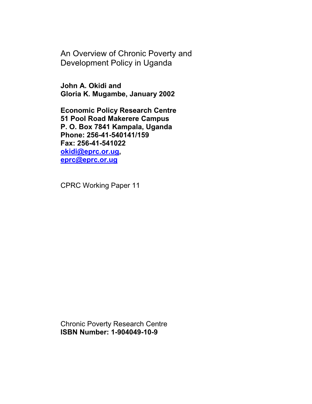 An Overview of Chronic Poverty and Development Policy in Uganda