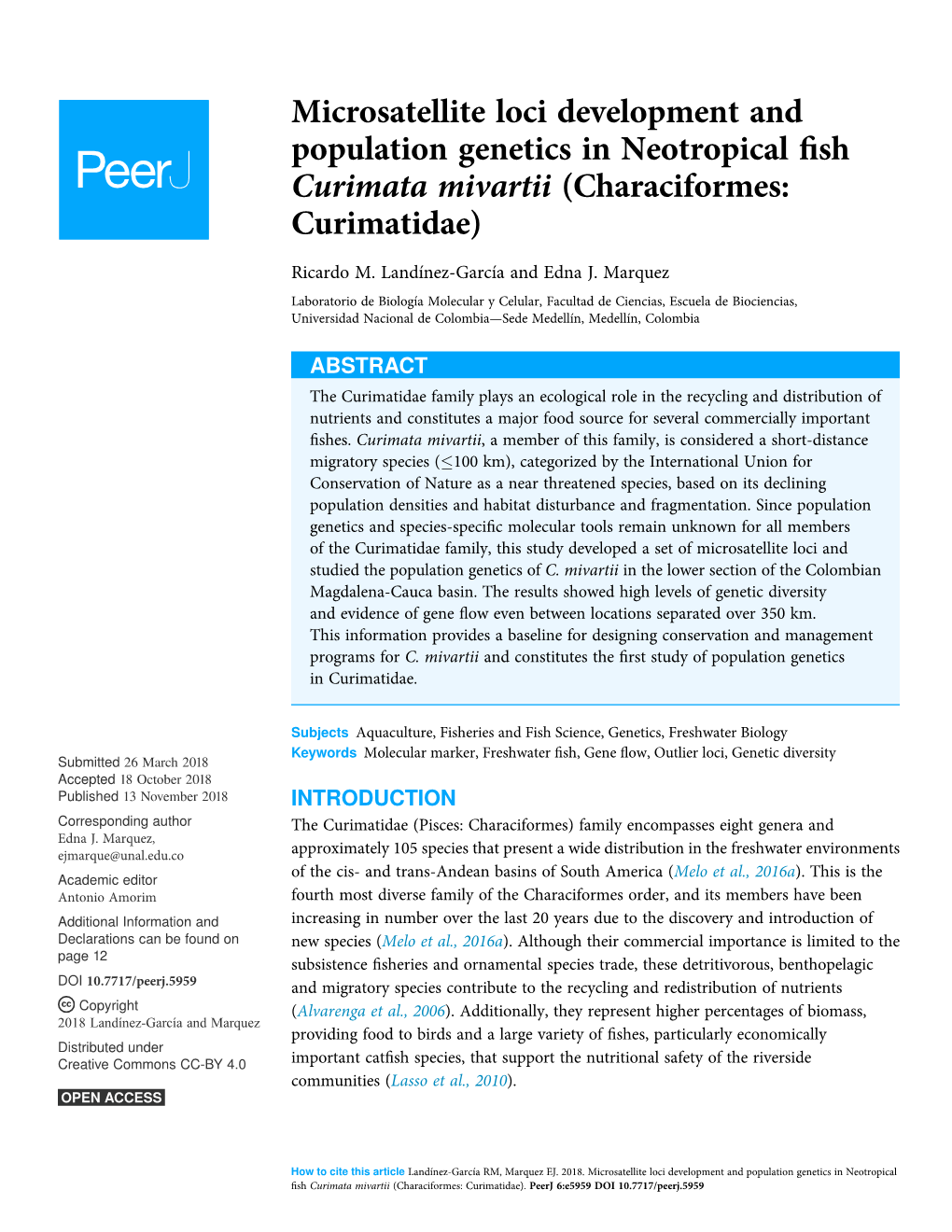 Microsatellite Loci Development and Population Genetics in Neotropical Fish Curimata Mivartii (Characiformes: Curimatidae)