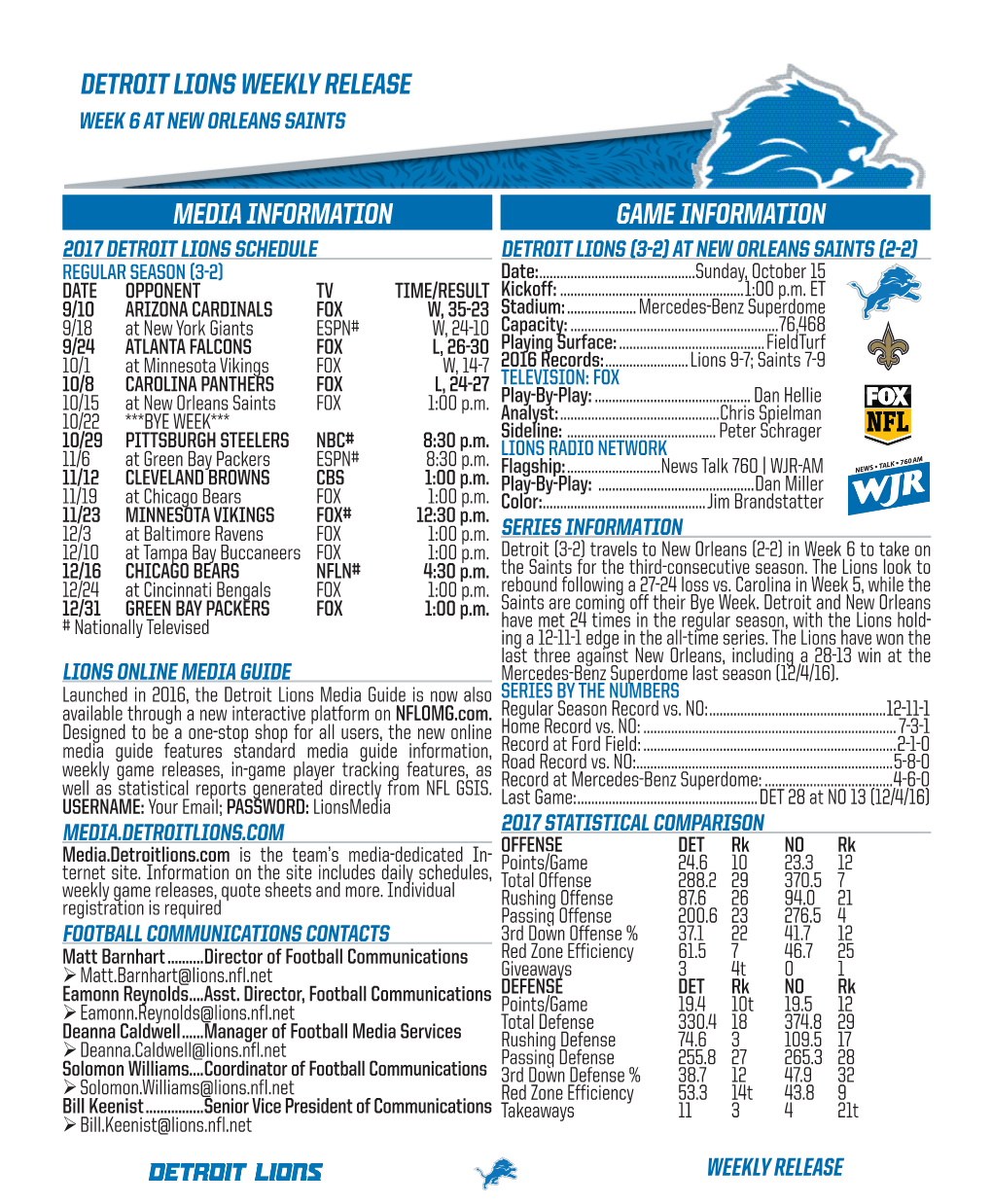 Detroit Lions Weekly Release Media Information Game