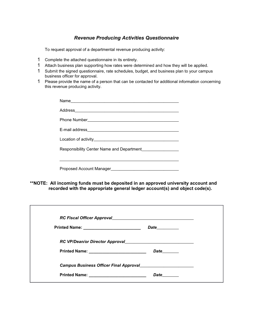 Revenue Producing Activities Questionnaire