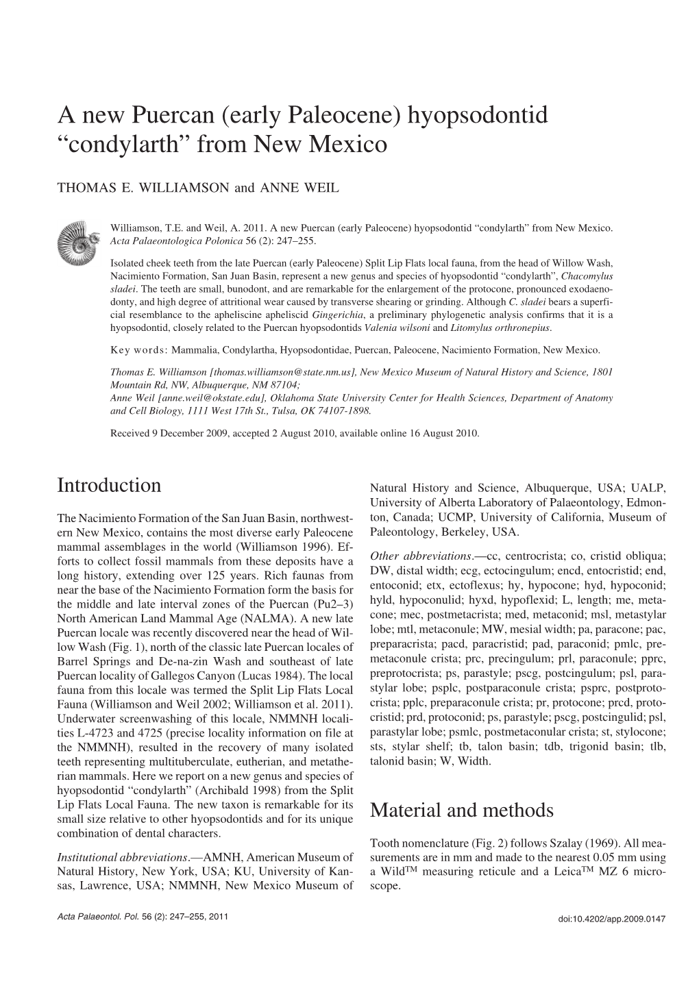 A New Puercan (Early Paleocene) Hyopsodontid “Condylarth” from New Mexico